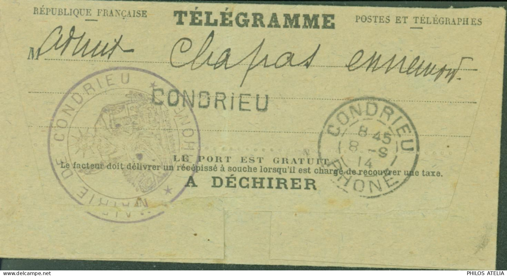 Télégramme Cachet Mairie Condrieu Rhône CAD Condrieu Linéaire Et Condrieu Rhône 8 9 1914 - Telegramas Y Teléfonos