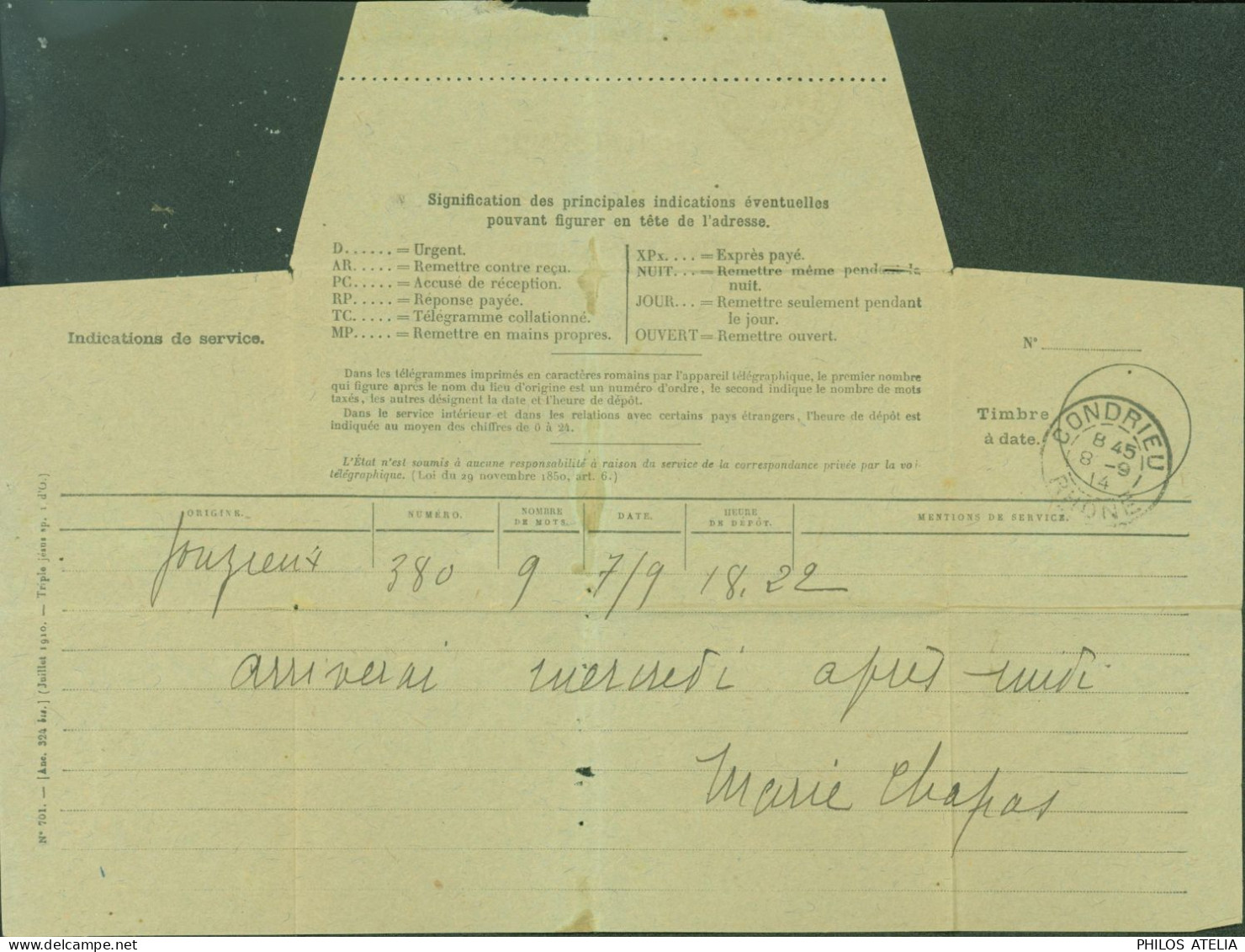 Télégramme Cachet Mairie Condrieu Rhône CAD Condrieu Linéaire Et Condrieu Rhône 8 9 1914 - Télégraphes Et Téléphones