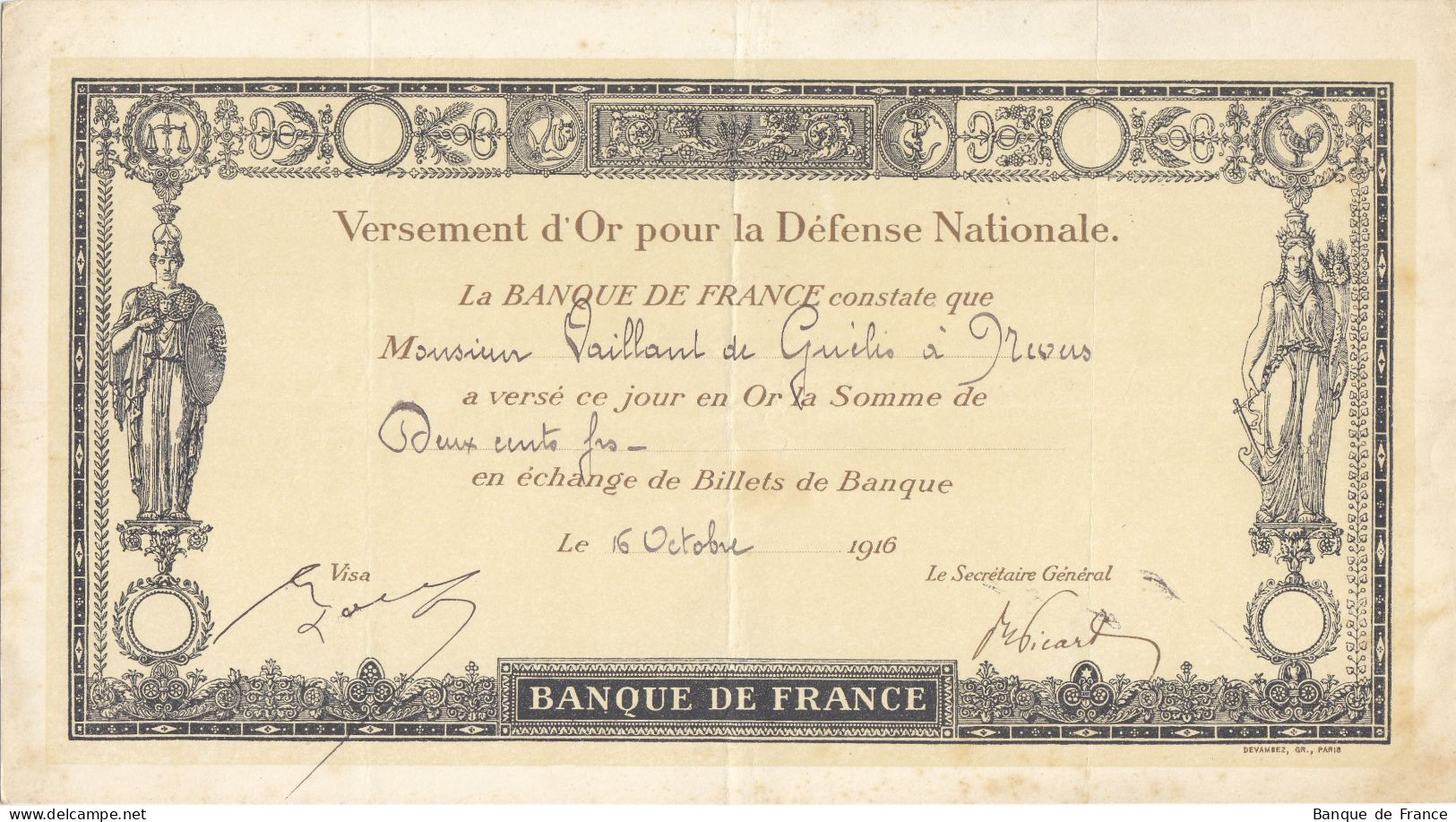 Versement D'or Pour La Défense Nationale 200 F Du 16 Octobre 1916 - Notgeld