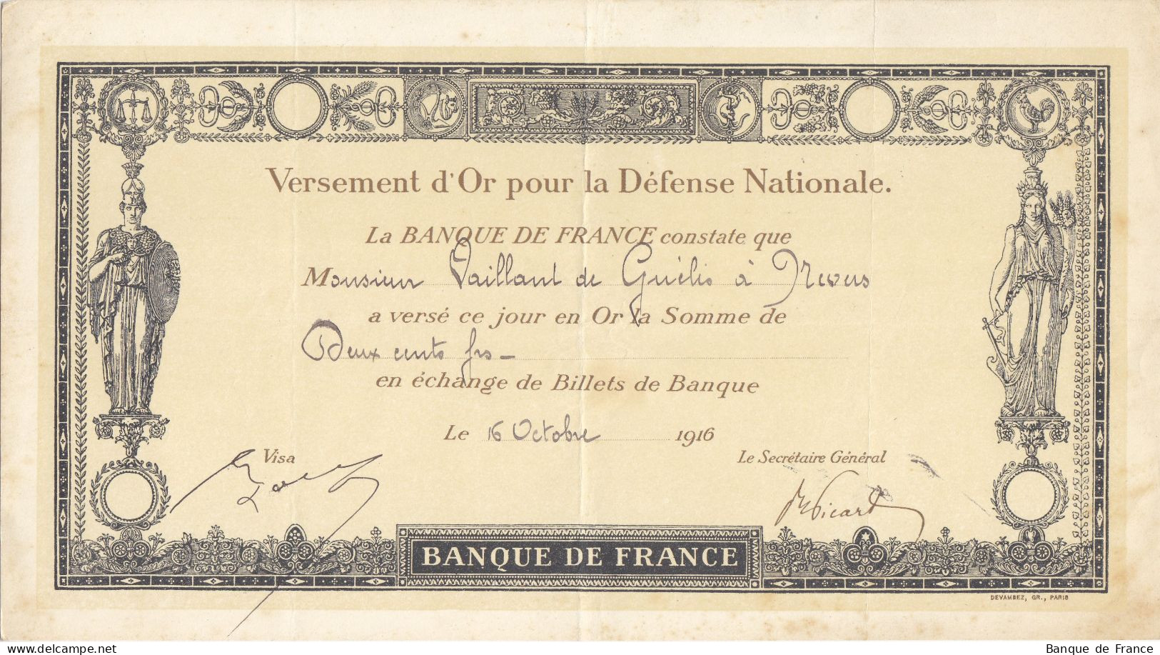 Versement D'or Pour La Défense Nationale 200 F Du 16 Octobre 1916 - Bonos