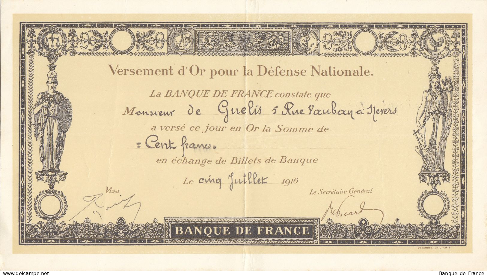 Versement D'or Pour La Défense Nationale 100 F Du 5 Juillet 1916 - Bons & Nécessité