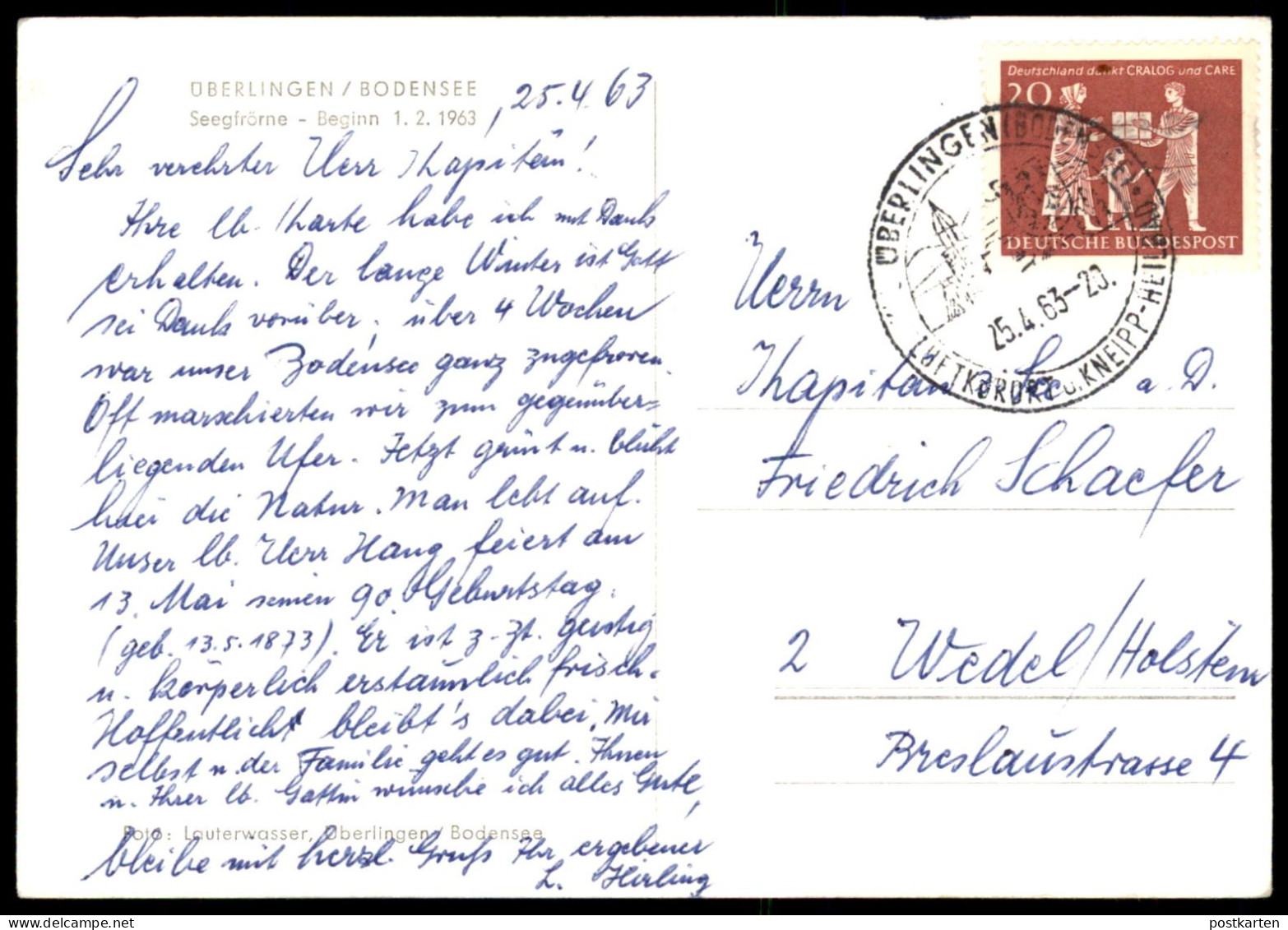 ALTE POSTKARTE ÜBERLINGEN AM BODENSEE SEEGFRÖRNE BEGINN 01.02.1963 Eisschicht Zugefrorener See Ansichtskarte AK Postcard - Überlingen