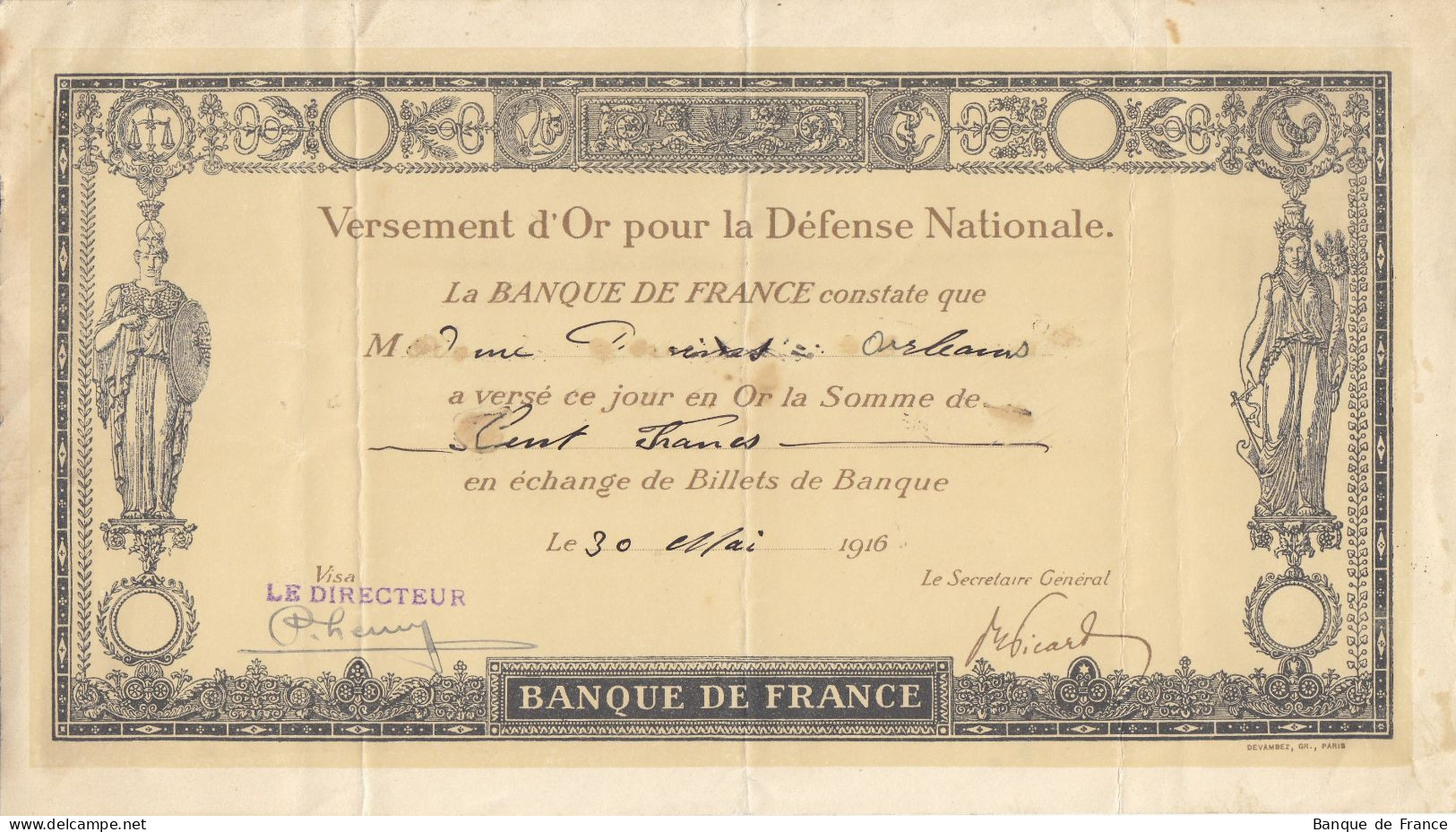 Versement D'or Pour La Défense Nationale 100 F Du 30 Mai 1916 - Notgeld