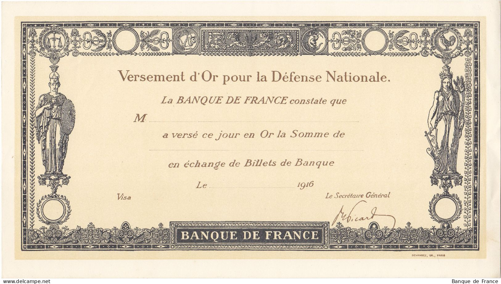 Versement D'or Pour La Défense Nationale VIERGE De 1916 Bel état - Bons & Nécessité