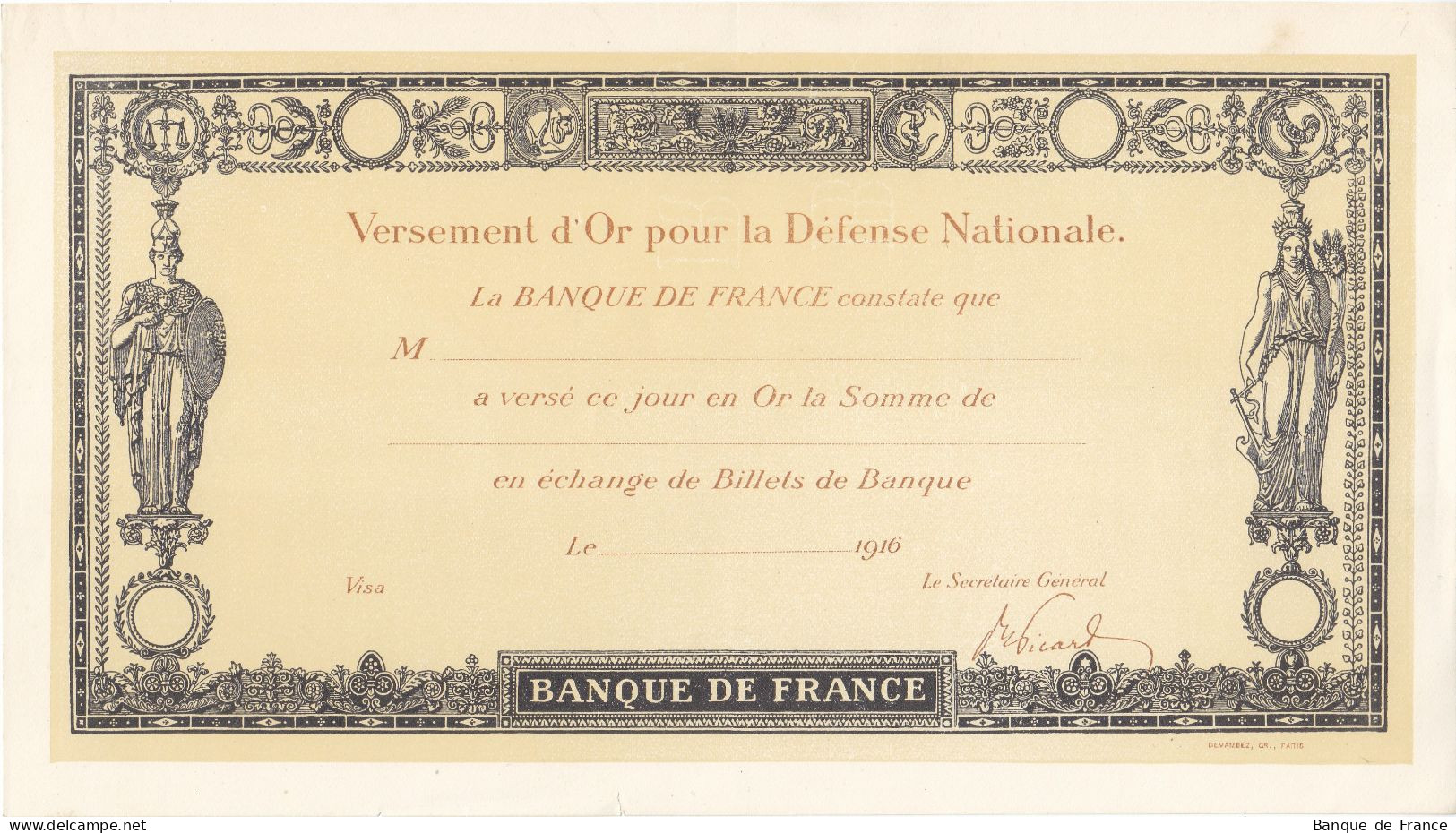 Versement D'or Pour La Défense Nationale VIERGE De 1916 Bel état - Bonos