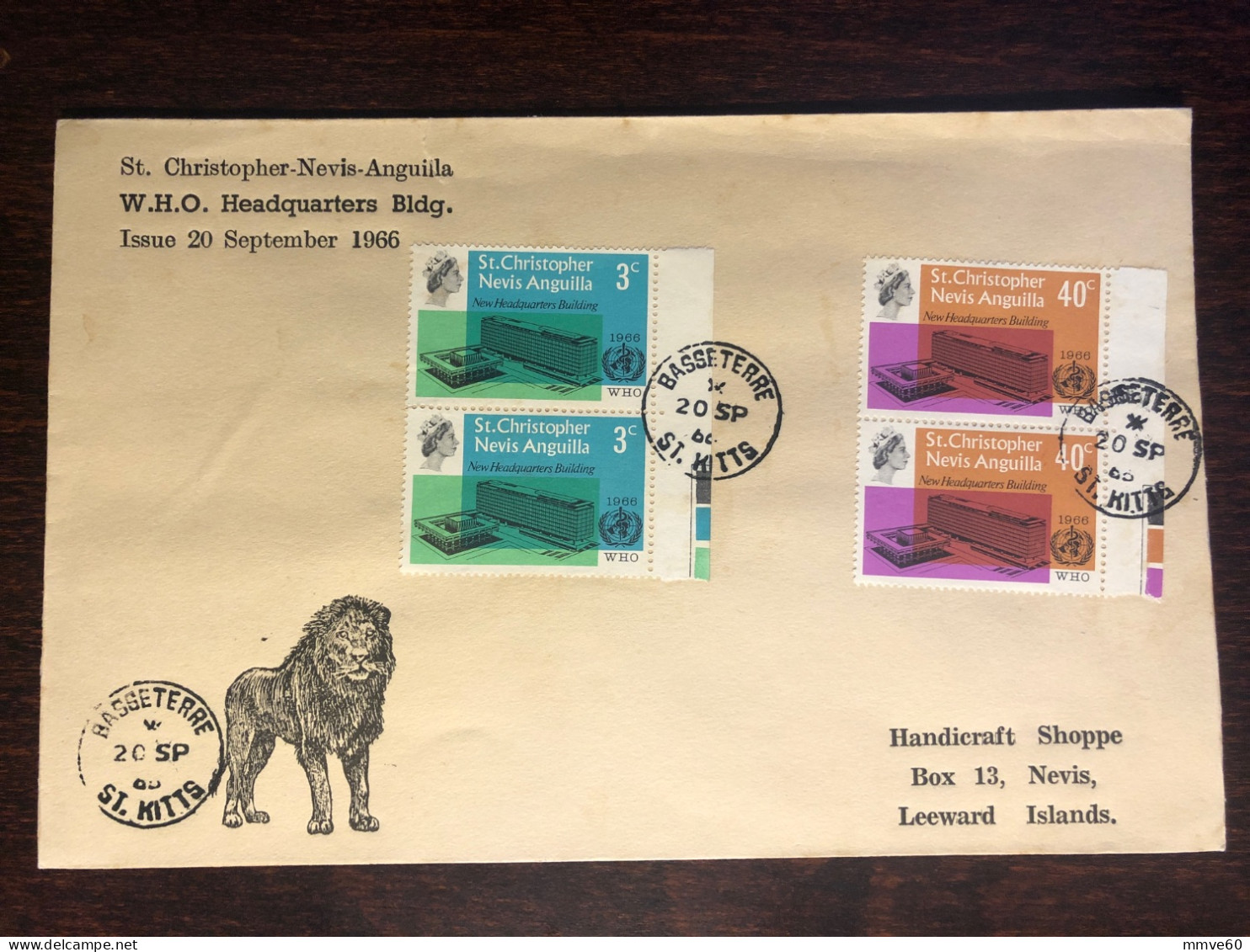 ST CHRISTOPHER FDC COVER 1966 YEAR WHO HEALTH MEDICINE STAMPS - St.Christopher-Nevis-Anguilla (...-1980)