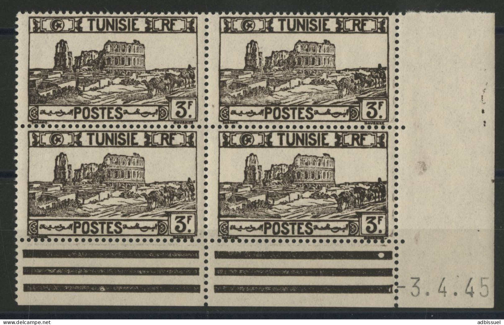 N° 284 Bloc De Quatre Neuf ** (MNH) 3 Fr Brun-noir + Coin Daté Du 3/4/45 TB - Unused Stamps