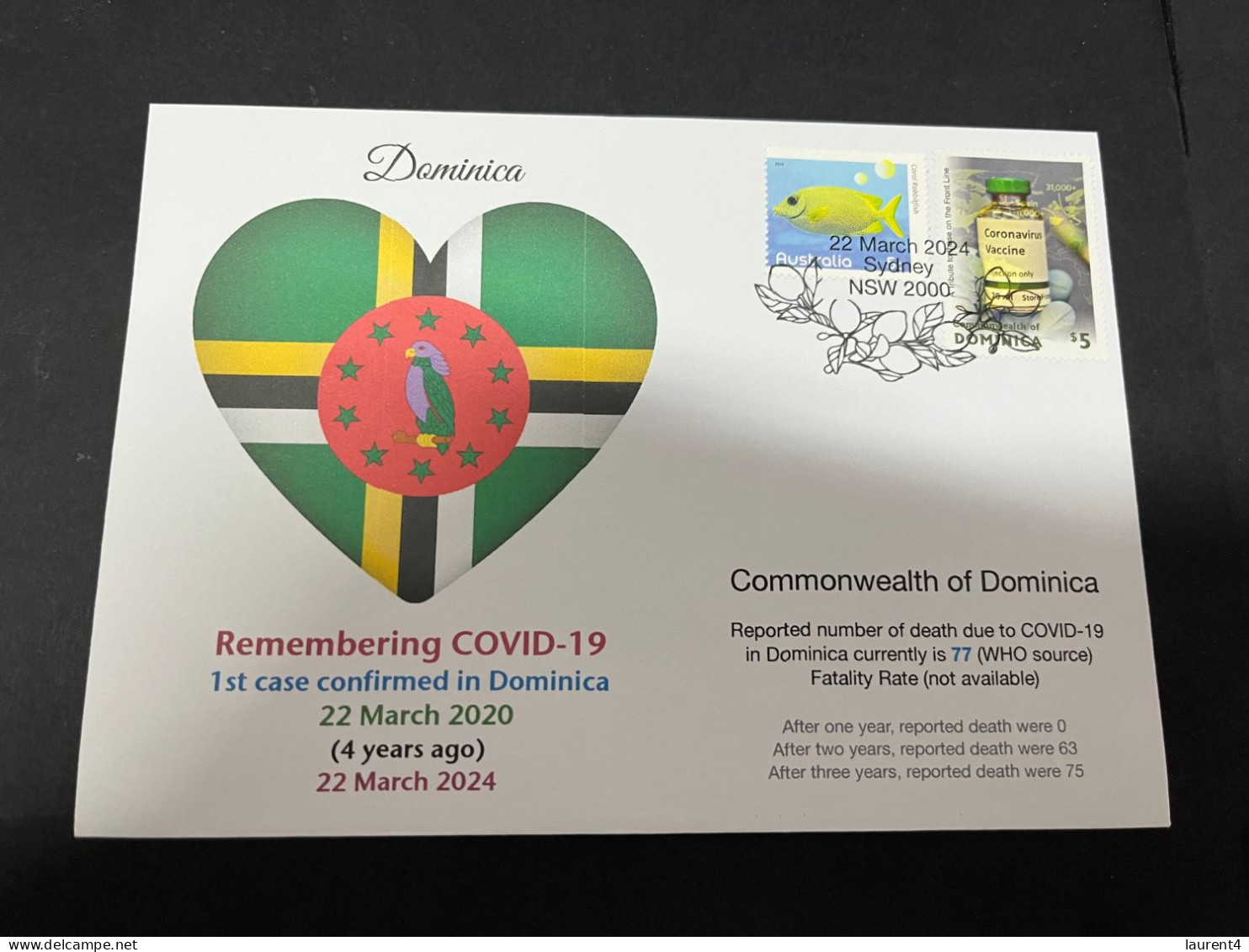 22-3-2024 (3 Y 44) COVID-19 4th Anniversary - Dominica - 22 March 2024 (with Dominica COVID Vaccine Stamp) - Malattie