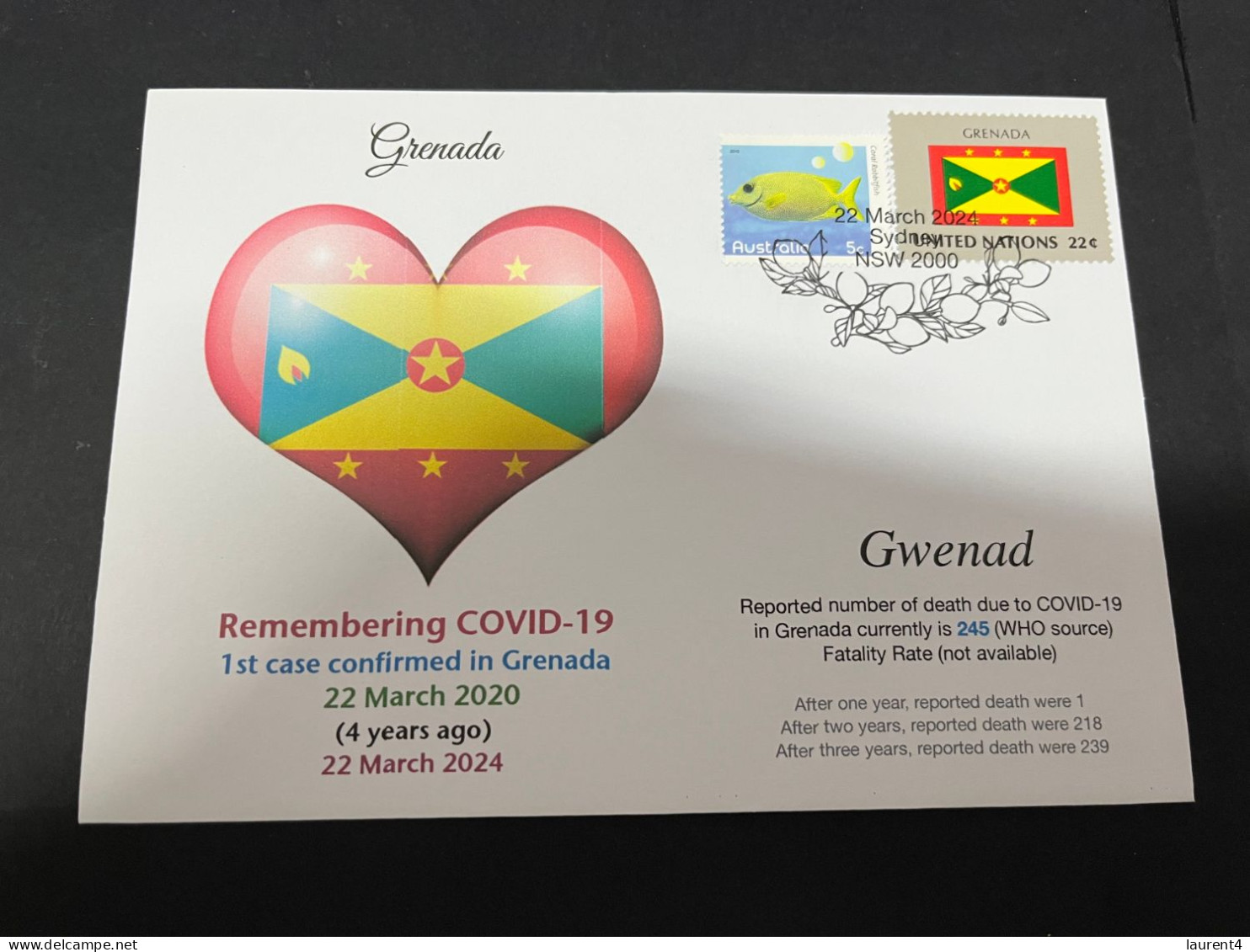 22-3-2024 (3 Y 44) COVID-19 4th Anniversary - Grenada - 22 March 2024 (with Grenada UN Flag Stamp) - Malattie