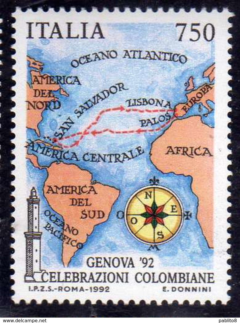 ITALIA REPUBBLICA ITALY 1992 MANIFESTAZIONI COLOMBIANE SCOPERTA DELL'AMERICA DISCOVERY CARTA GEOGRAFICA MAP LIRE 700 - 1991-00: Neufs