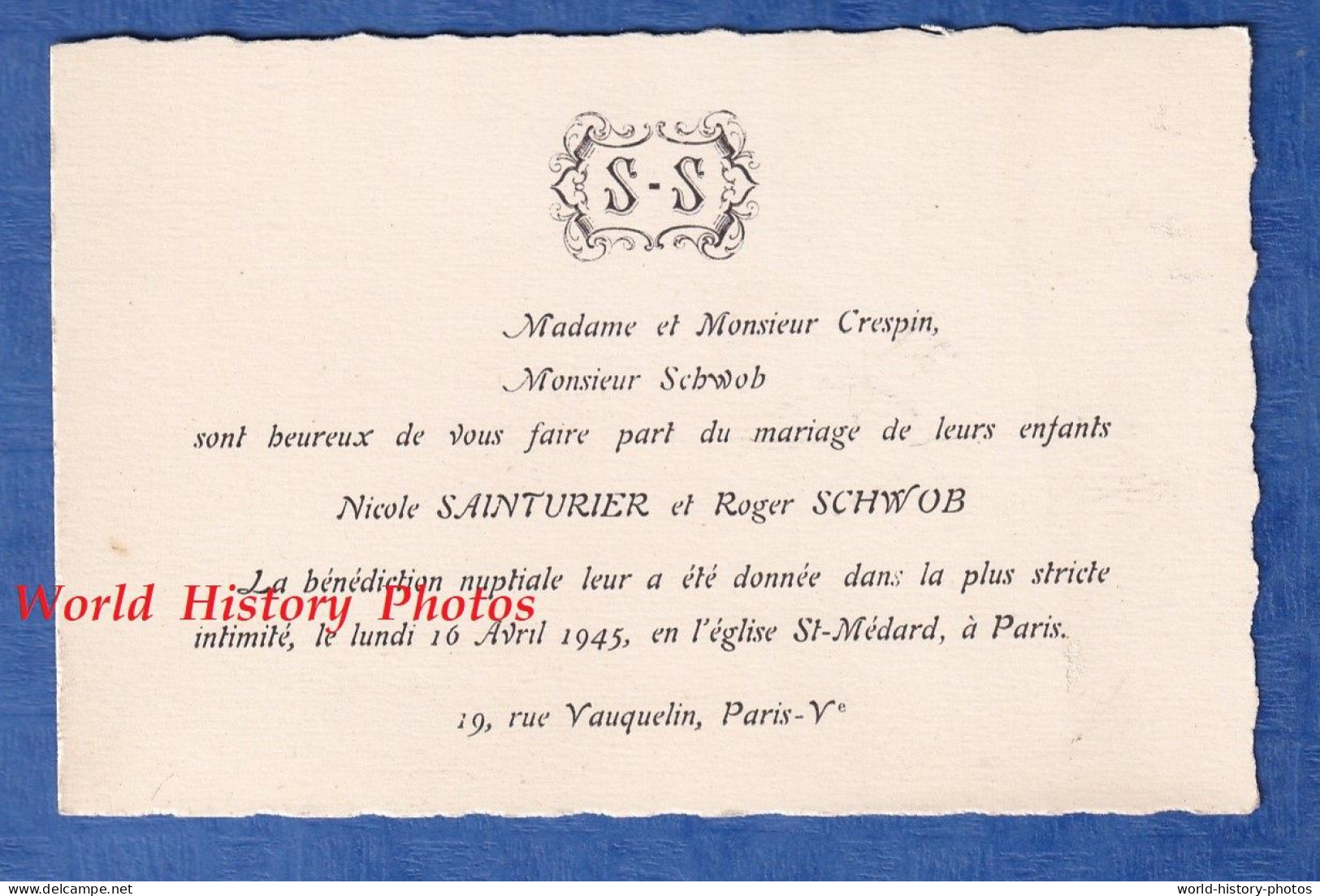 Faire Part De Mariage - PARIS 5e - Mademoiselle Nicole SAINTURIER Et Monsieur Roger SCHWOB - église Saint Médard - Hochzeit