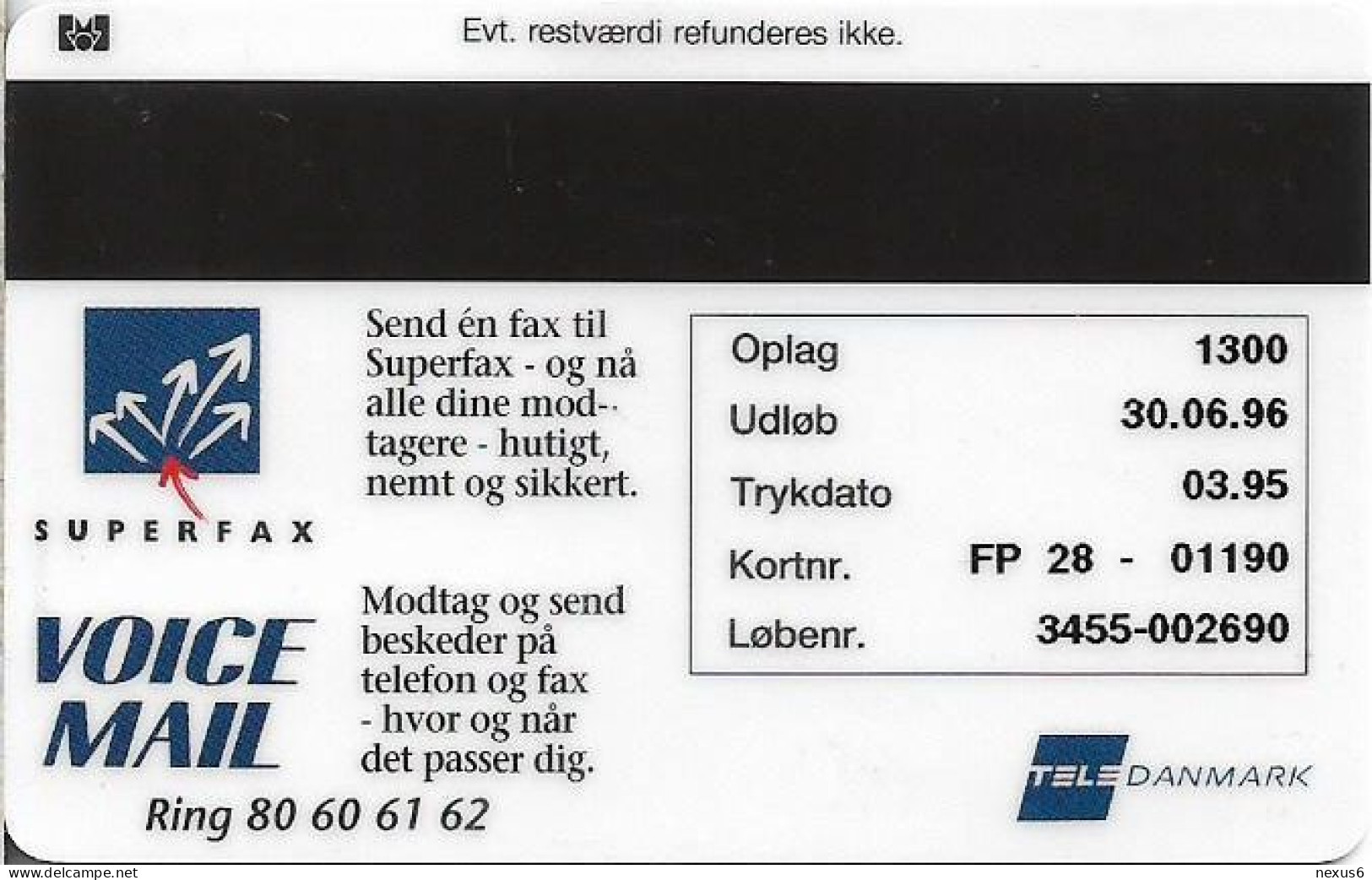 Denmark - Fyns - Voice Mail - TDFP028 - 03.1995, 1.300ex, 10kr, Used - Denmark