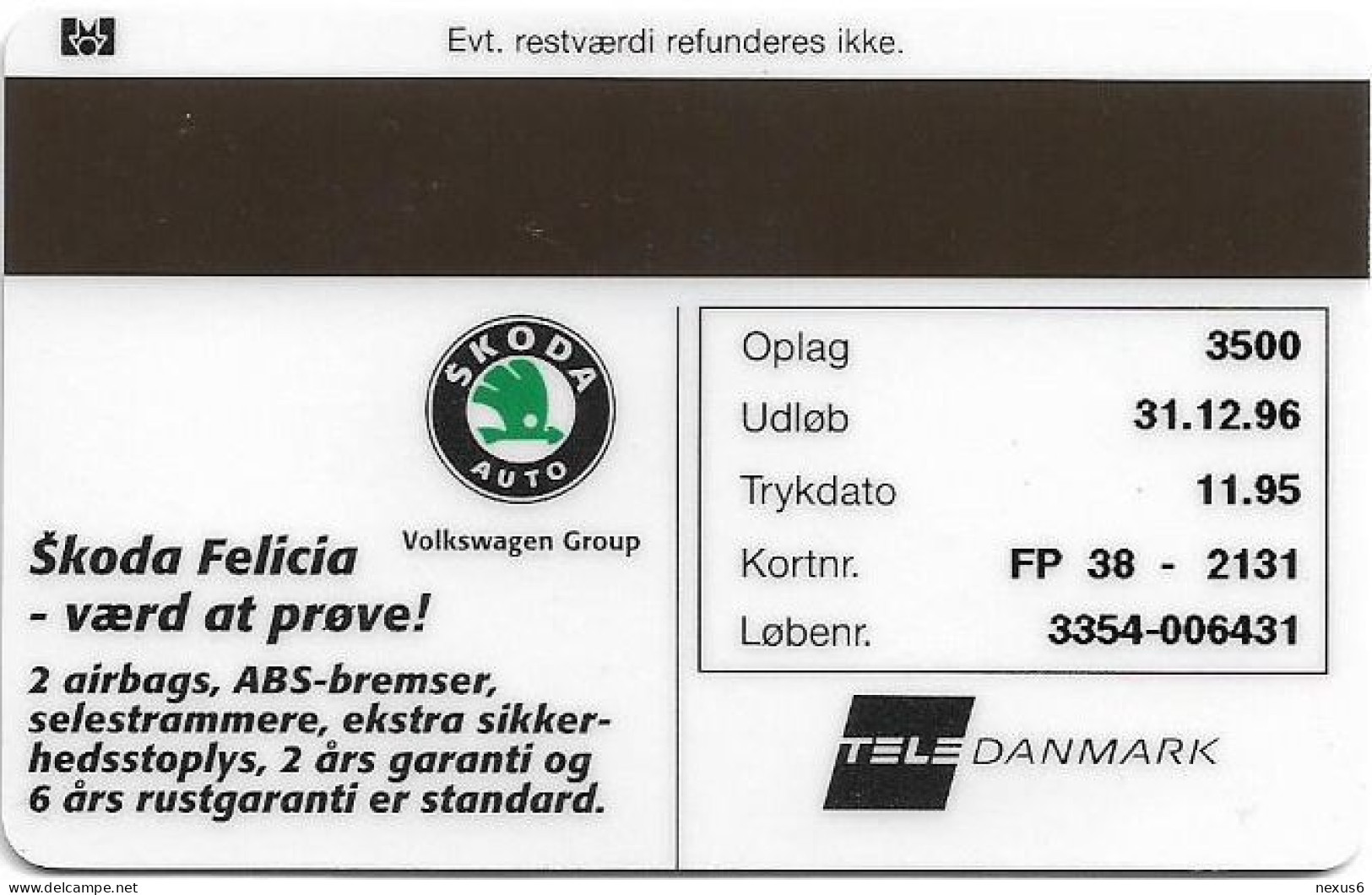 Denmark - Fyns - Skoda Felicia Combi Car - TDFP038 - 11.1995, 3.500ex, 5kr, Used - Dänemark