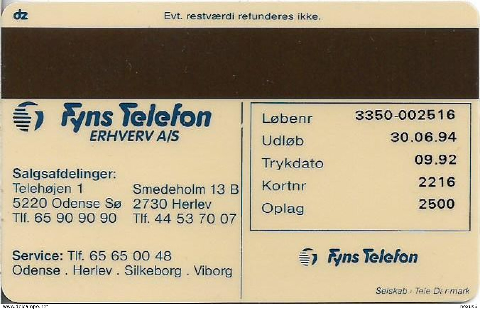 Denmark - Fyns - Fyns Telefon Erhverv As - TDFP002A - 09.1992, 2.500ex, 5kr, Used - Denemarken