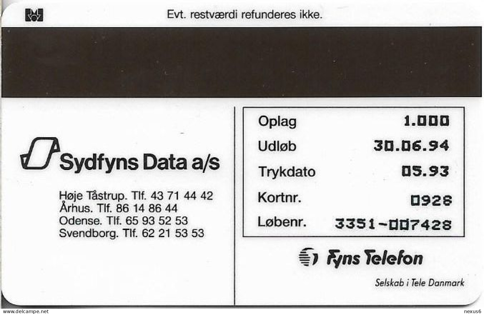 Denmark - Fyns - Sydfyns Data AS - TDFP012 - 05.1993, 1.000ex, 5kr, Used - Denmark