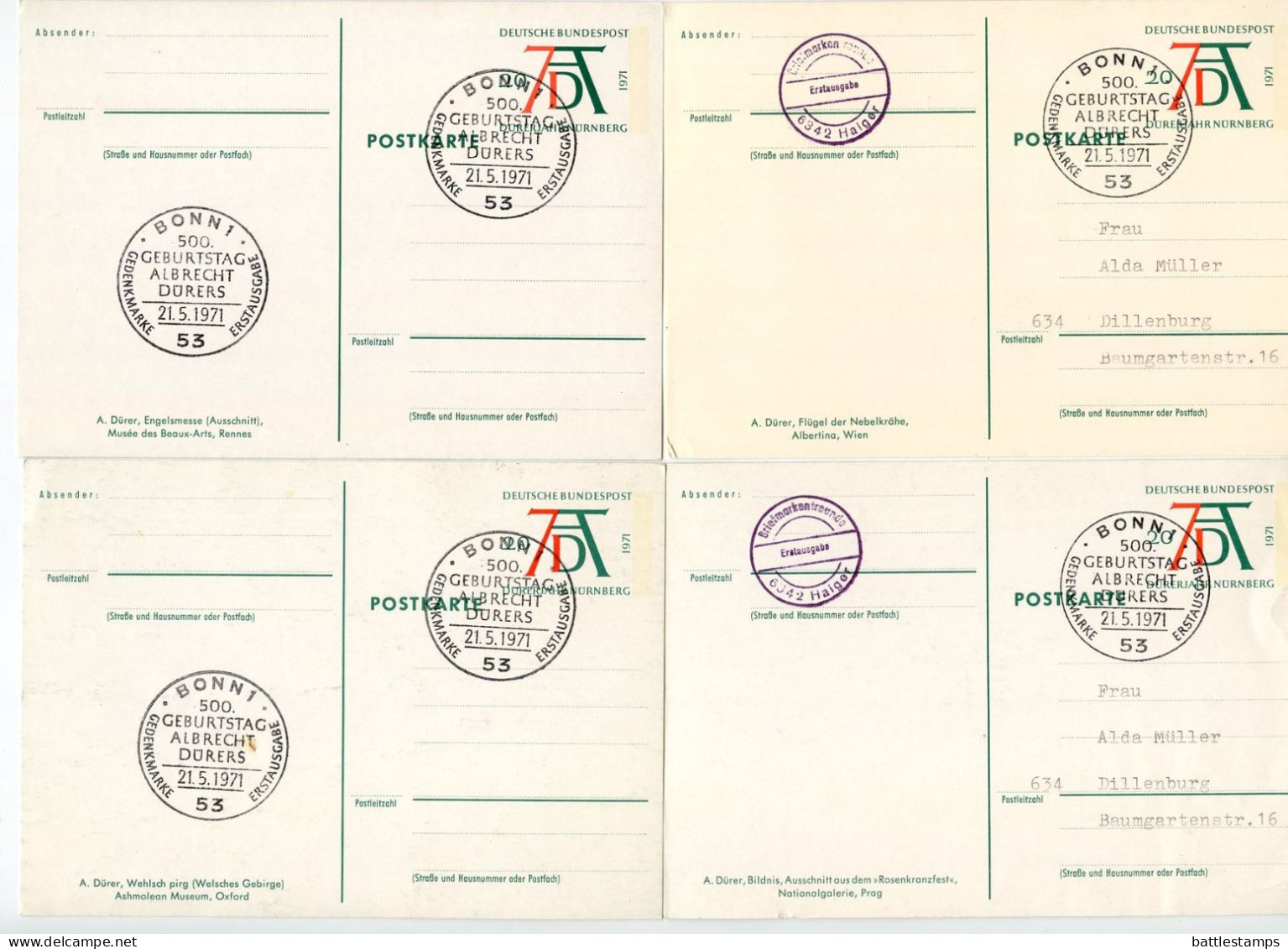 Germany, West 1971 Set Of 4 Albrecht Dürer Postal Cards With First Day Cancels - Illustrated Postcards - Used