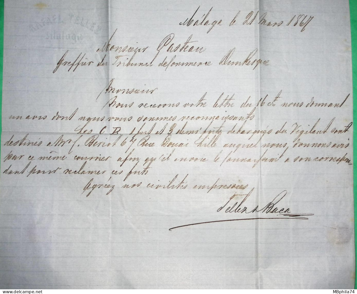 ISABEL 2 STAMP LETTRE COVER MALAGA POUR FOR DUNKERQUE FRANCE 1867 - Briefe U. Dokumente