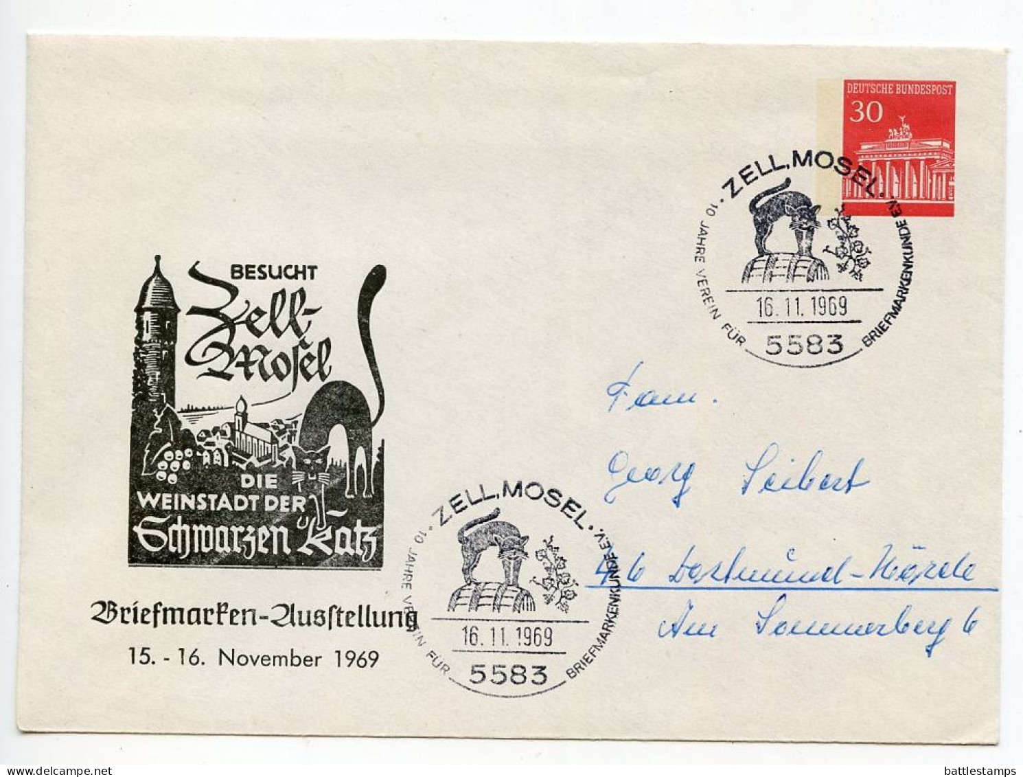 Germany, West 1969 30pf. Brandenburg Gate Postal Envelope; Zell, Mosel Philatelic Exhibition Commemorate Postmark - Covers - Used