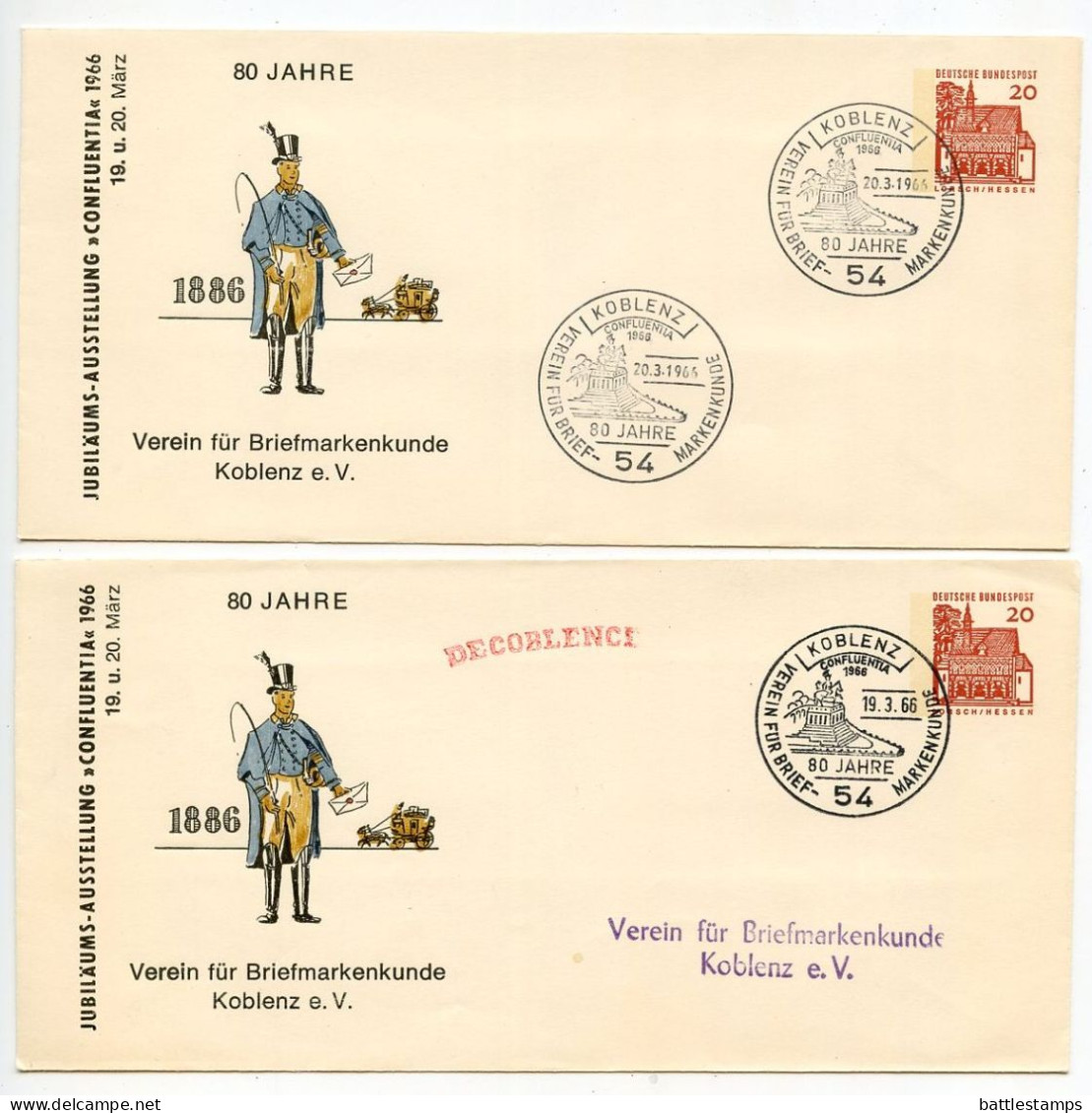 Germany, West 1966 2 20pf. Lorsch Postal Envelopes; Koblenz - Confluentia 1966 Jubilee Exhibition - Buste - Usati