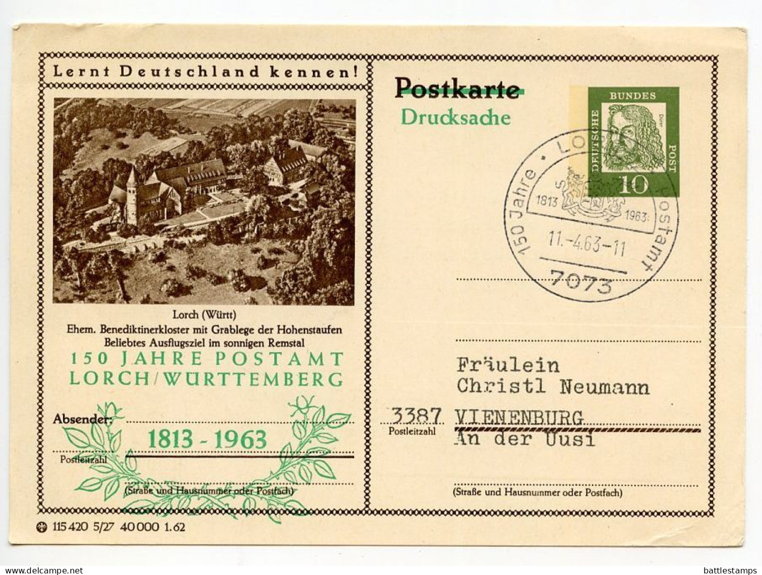 Germany, West 1963 10pf. Albrecht Dürer Postal Card; 50 Jahre Postamt Lorch / Württemberg; From Hermann E. Sieger - Cartoline - Usati