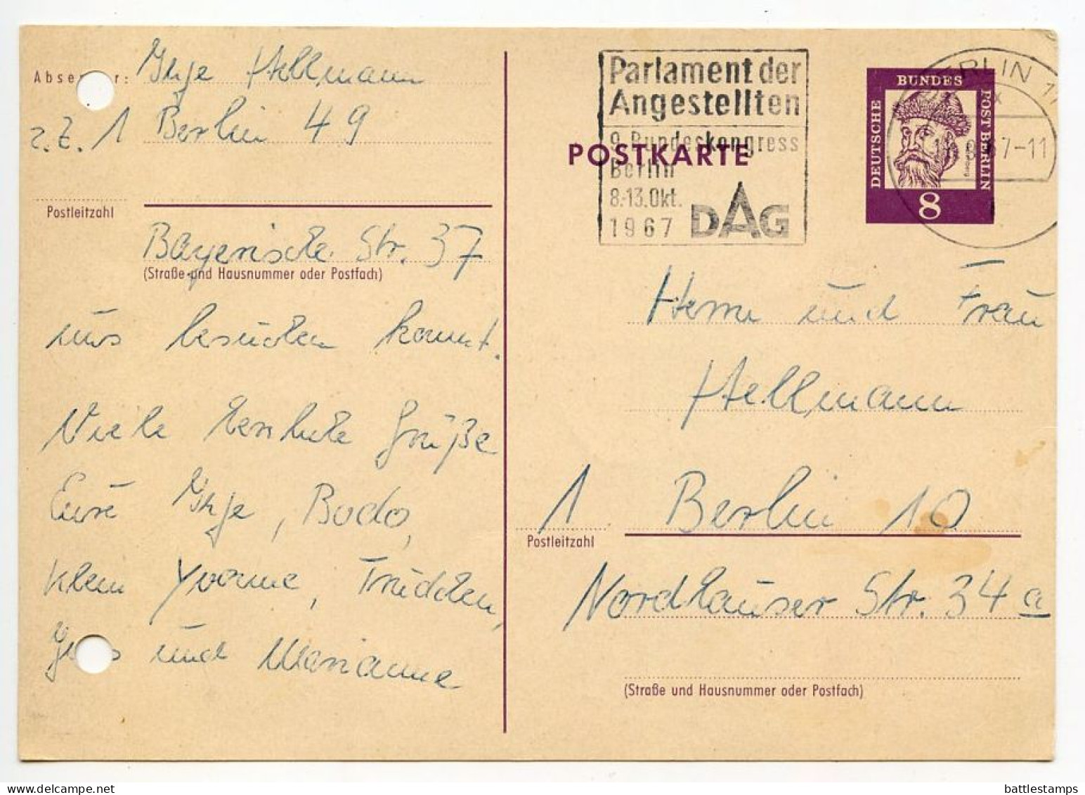 Germany, Berlin 1967 8pf. Johann Gutenberg Postal Card; Slogan Cancel - Postkarten - Gebraucht