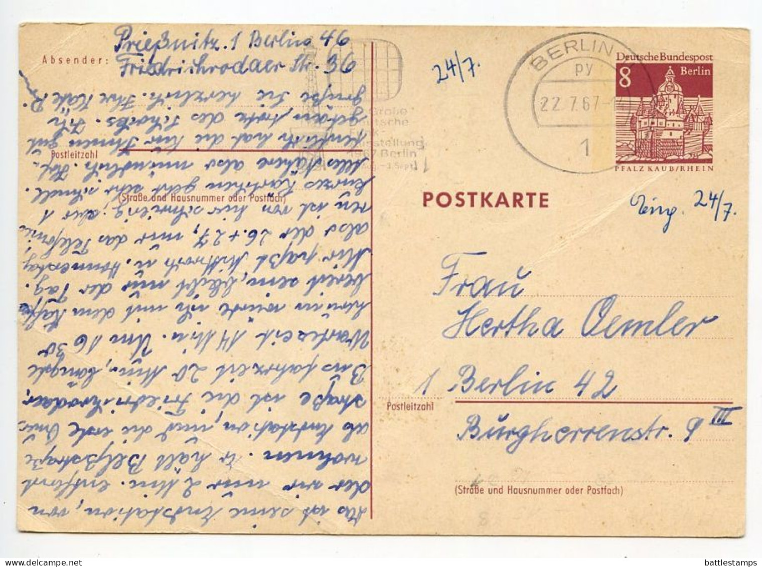 Germany, Berlin 1967 8pf. Castle, Kaub On The Rhine Postal Card; Slogan Cancel - Postcards - Used