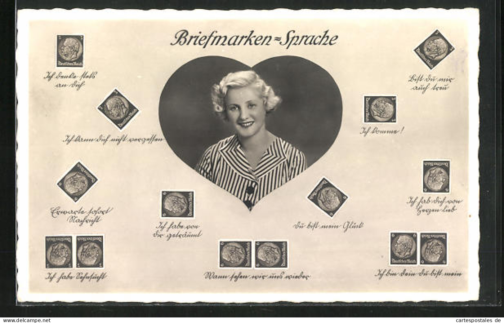 AK Briefmarkensprache, Portrait Blonde Dame Von Herz Eingerahmt  - Stamps (pictures)