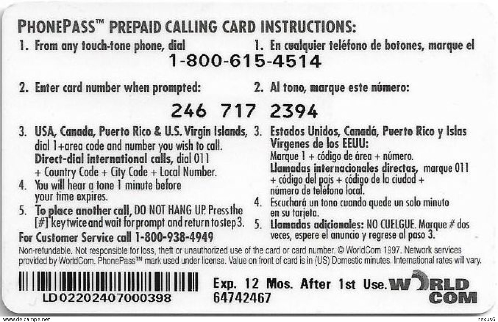 USA - LDDS Worldcom - Statue Of Liberty (PhonePass), 1997, Remote Mem. 22U, Used - Otros & Sin Clasificación