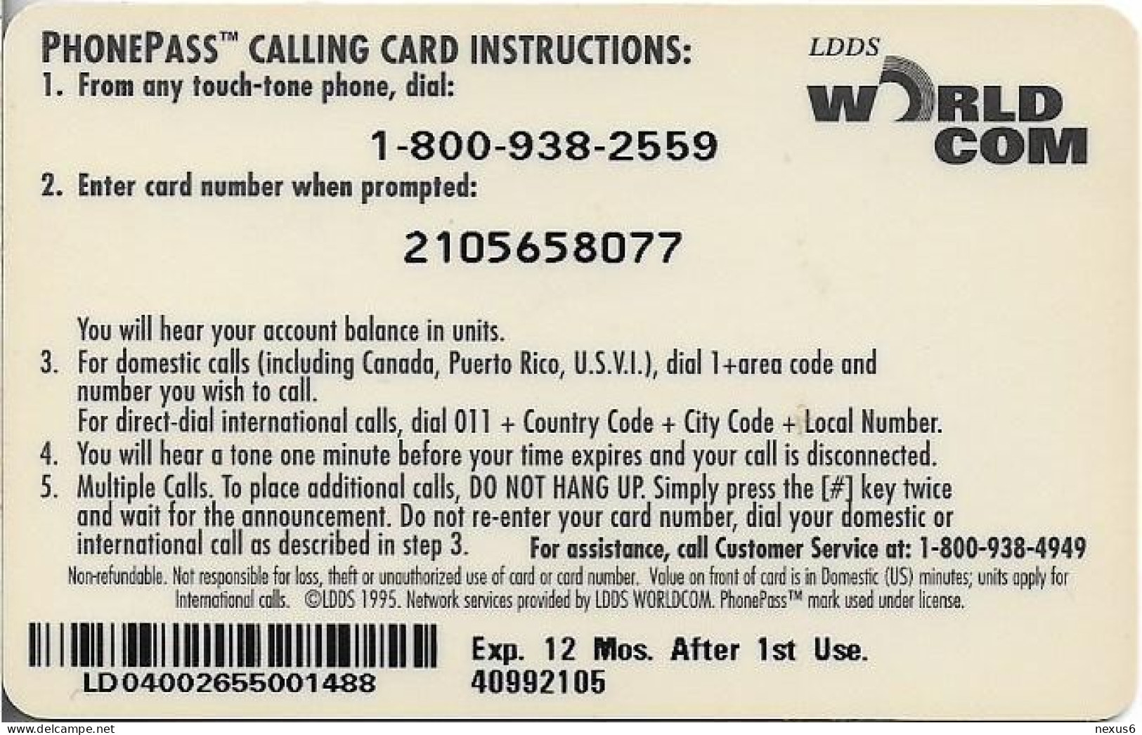 USA - LDDS Worldcom - Palm Trees & Sunset (PhonePass), 1995, Remote Mem. 10$, Used - Other & Unclassified