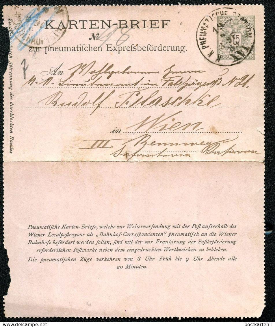 Rohrpost-Kartenbrief RK1 Wien 1889 Kat.40,00€ - Carte-Lettere