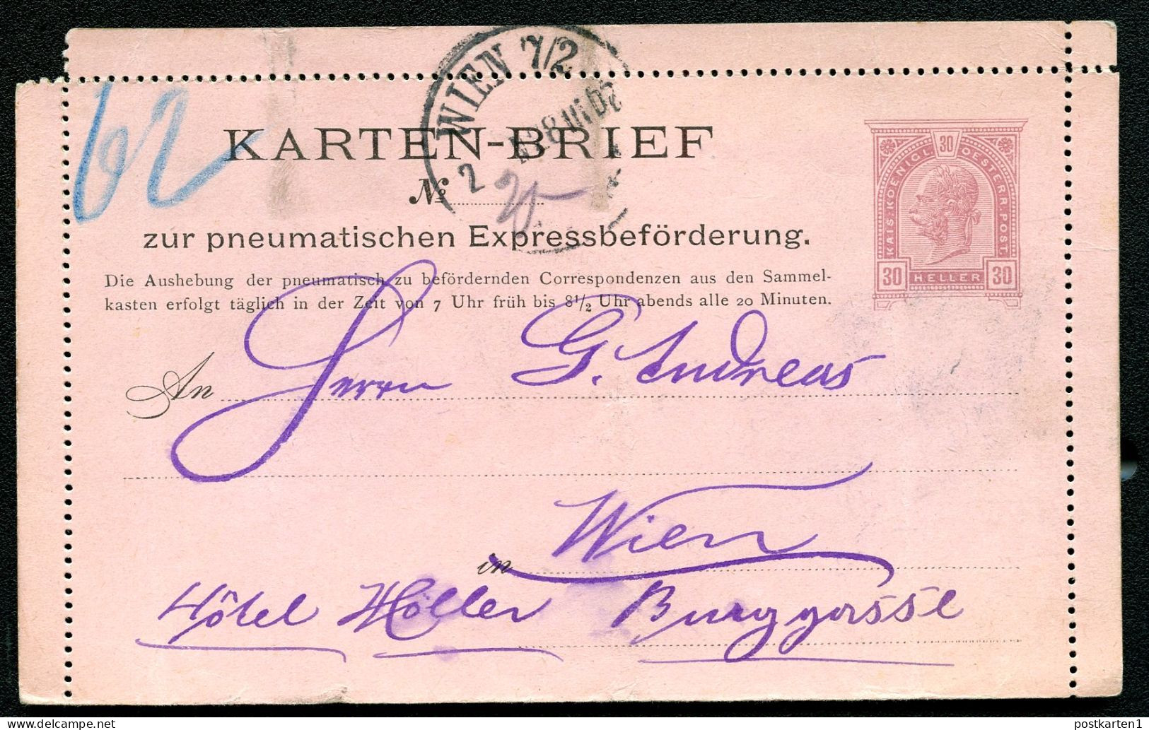 Rohrpost-Kartenbrief RK7 Wien Feinst 1900 Kat.20,00€ - Letter-Cards