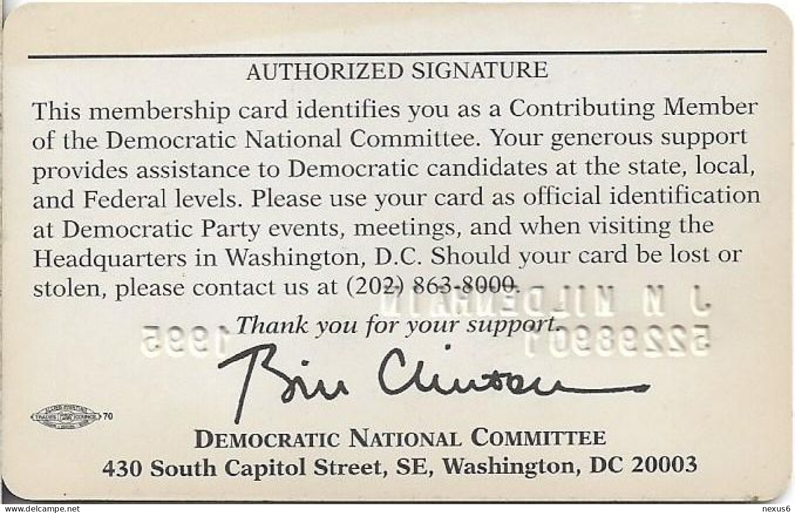USA - DNC Democratic National Committee 150th Anniv., 1998, Membership Card - Sonstige & Ohne Zuordnung