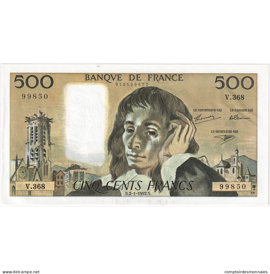 France, 500 Francs, Pascal, 1992, V.368, SPL, Fayette:71.49, KM:156i - 500 F 1968-1993 ''Pascal''