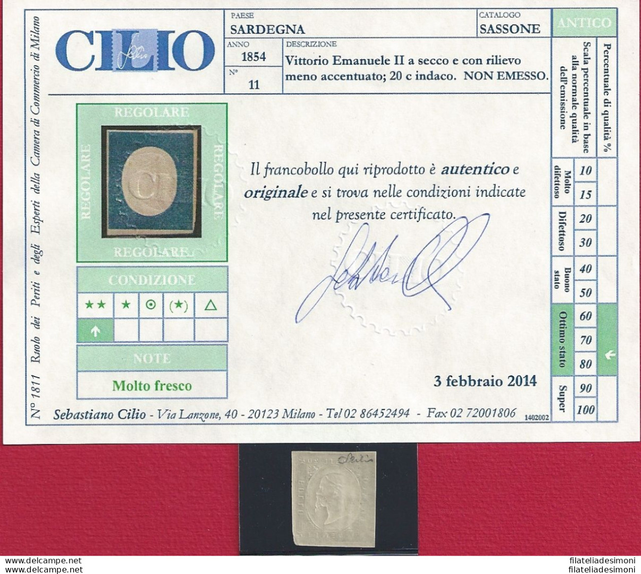 1854 SARDEGNA - N° 11 Indaco  MNH/**  Certificato Cilio - Sardinia