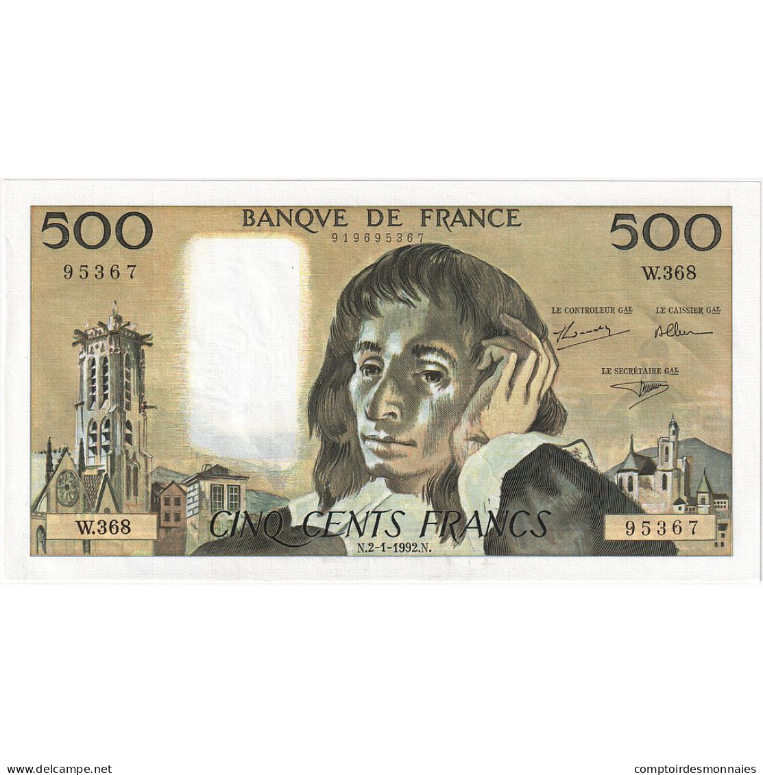 France, 500 Francs, Pascal, 1992, W.368, SPL+, Fayette:71.49, KM:156i - 500 F 1968-1993 ''Pascal''