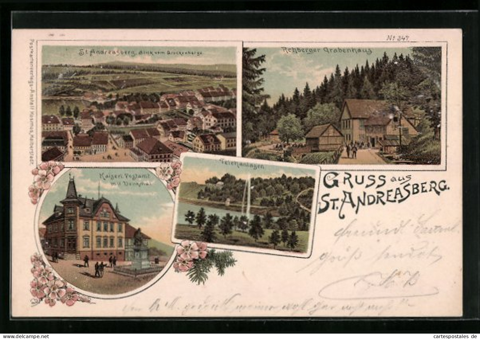 Lithographie St. Andreasberg, Kaiserl. Postamt Mit Denkmal, Rehberger Grabenhaus  - St. Andreasberg