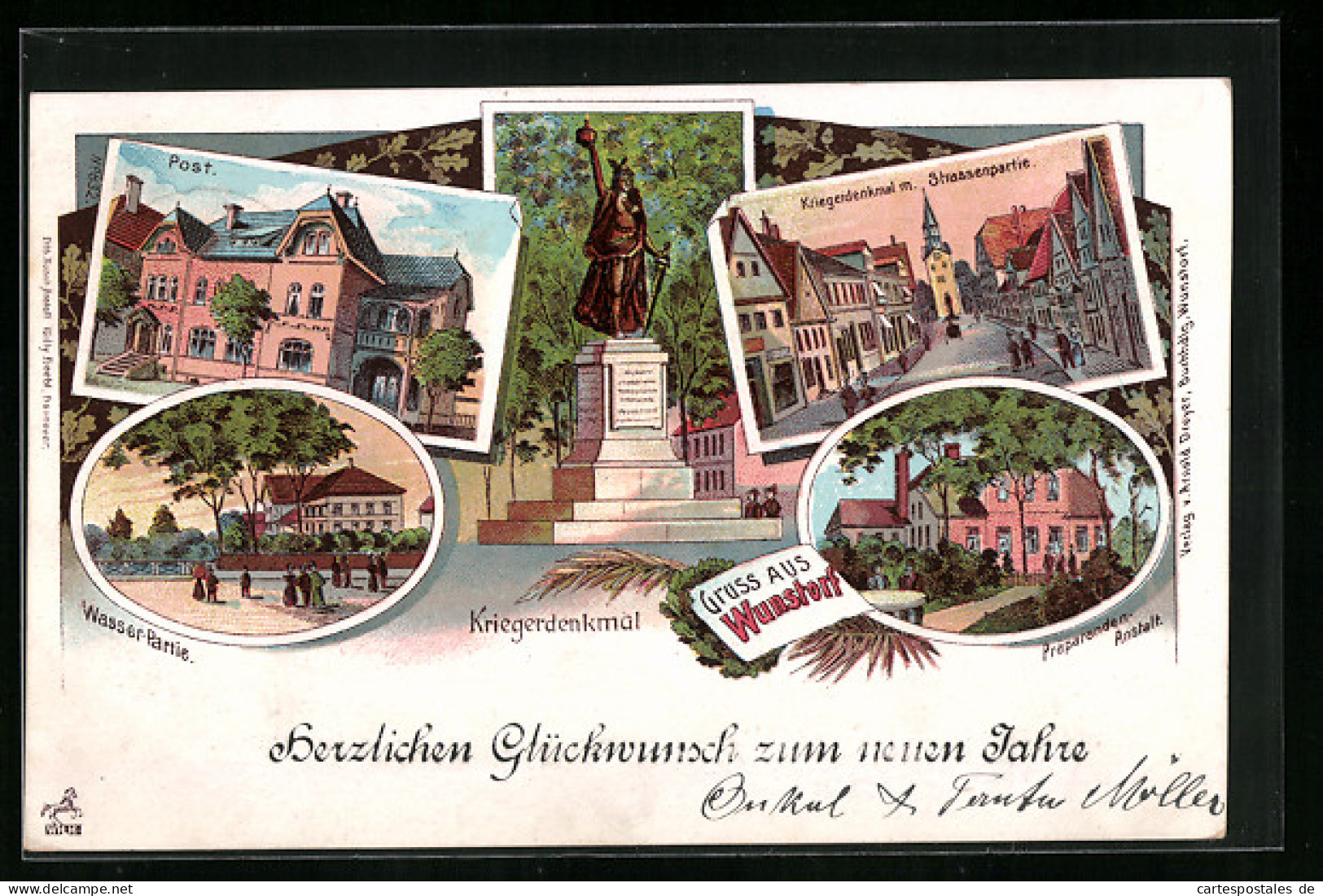 Lithographie Wunstorf, Post, Kriegerdenkmal M. Strassenpartie  - Wunstorf