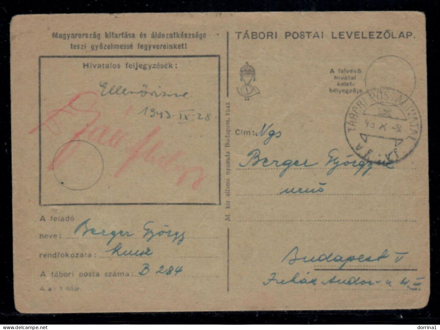 Jewish Judaica Hungary Old Military Postcard Ellenorizve 1943 WWII -- BERGER .. - Judaisme