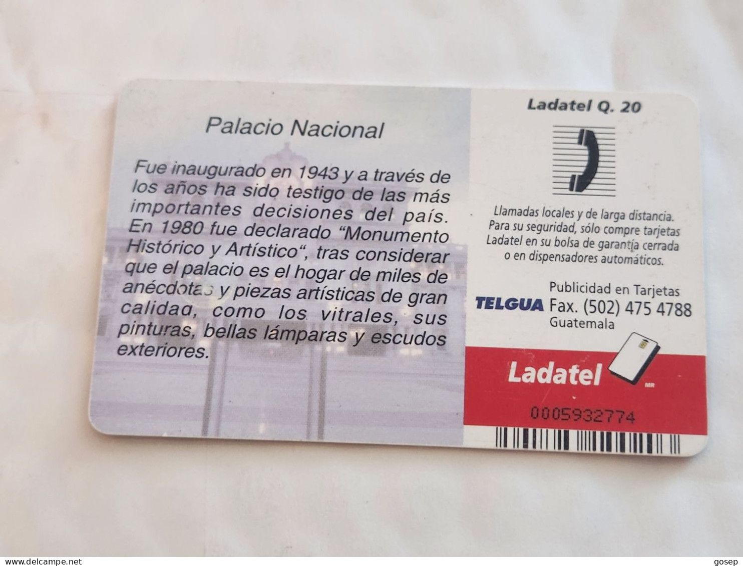 Guatemala-(gua-25A)-Palacio Nacional-(8)-(ladatel Q.20)-(0005932774)-used Card+1card Prepiad Free - Guatemala