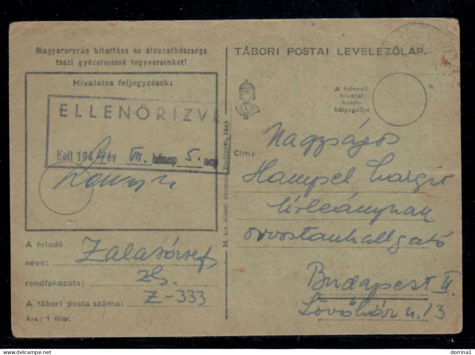 Hungary Old Military Postcard Ellenorizve 1944 WWII - Briefe U. Dokumente