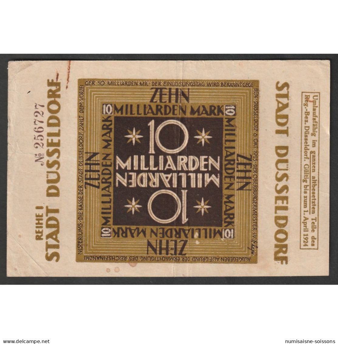 ALLEMAGNE - NOTGELD - DÜSSELDORF Stadt - 10 MILLIARDEN MARK - REIHE 1 - 01/04/1924 - TB+ - Sonstige & Ohne Zuordnung