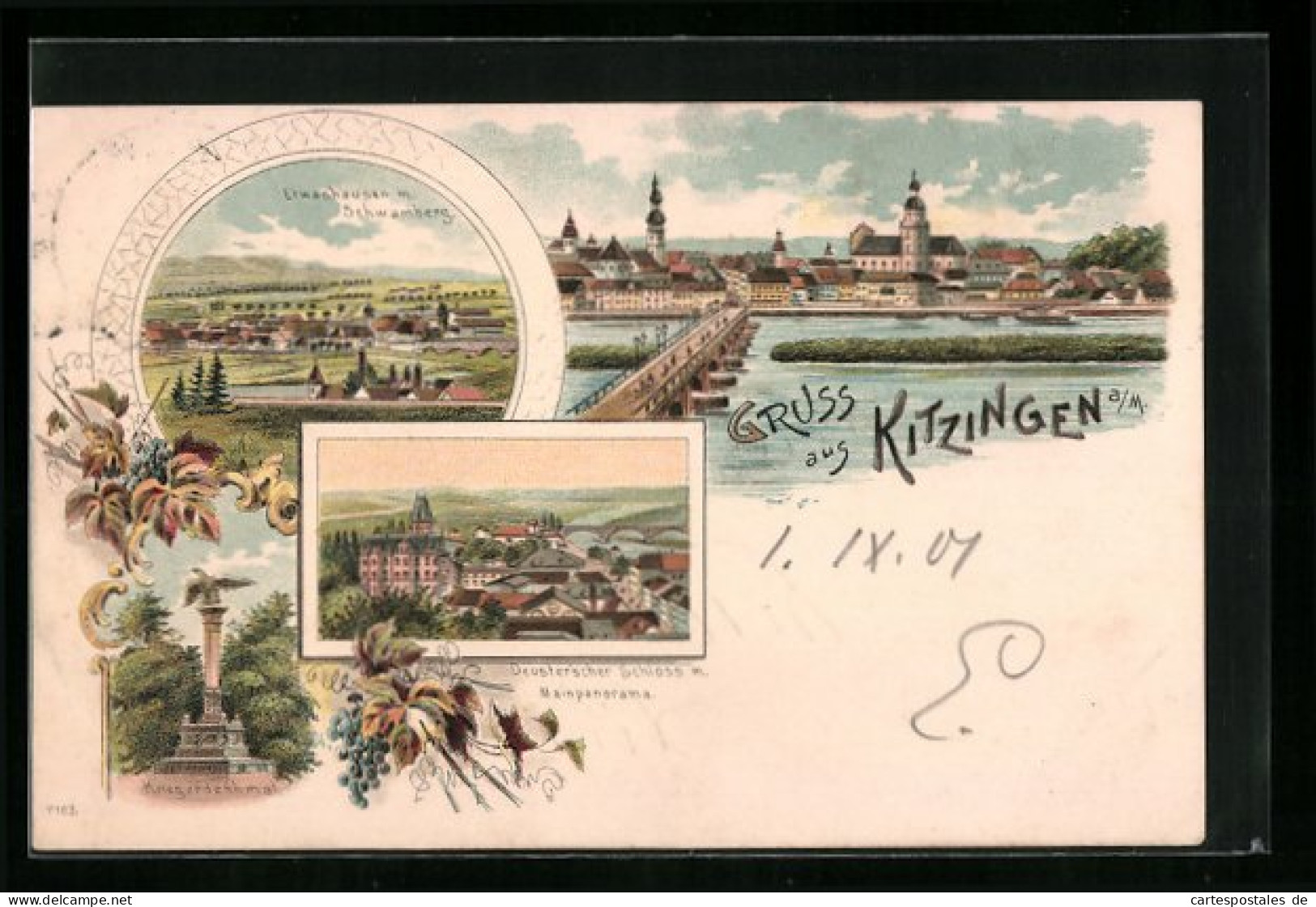 Lithographie Kitzingen A. M., Etwashausen Mit Schwamberg, Kriegerdenkmal, Deuster`scher Schloss  - Kitzingen
