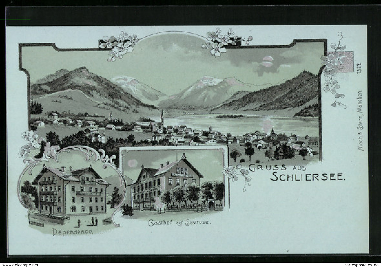 Lithographie Schliersee, Gesamtansicht Mit Bergpanorama, Gasthof Zur Seerose Und Dependence  - Schliersee