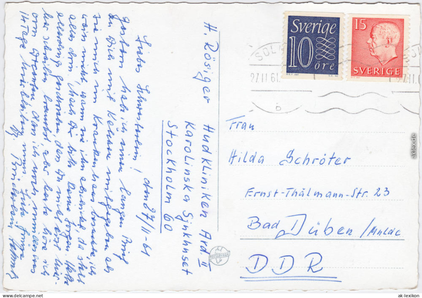 Stockholm Luftbild Karolinka Ansichtskarte Vintage Postcard  1961 - Schweden