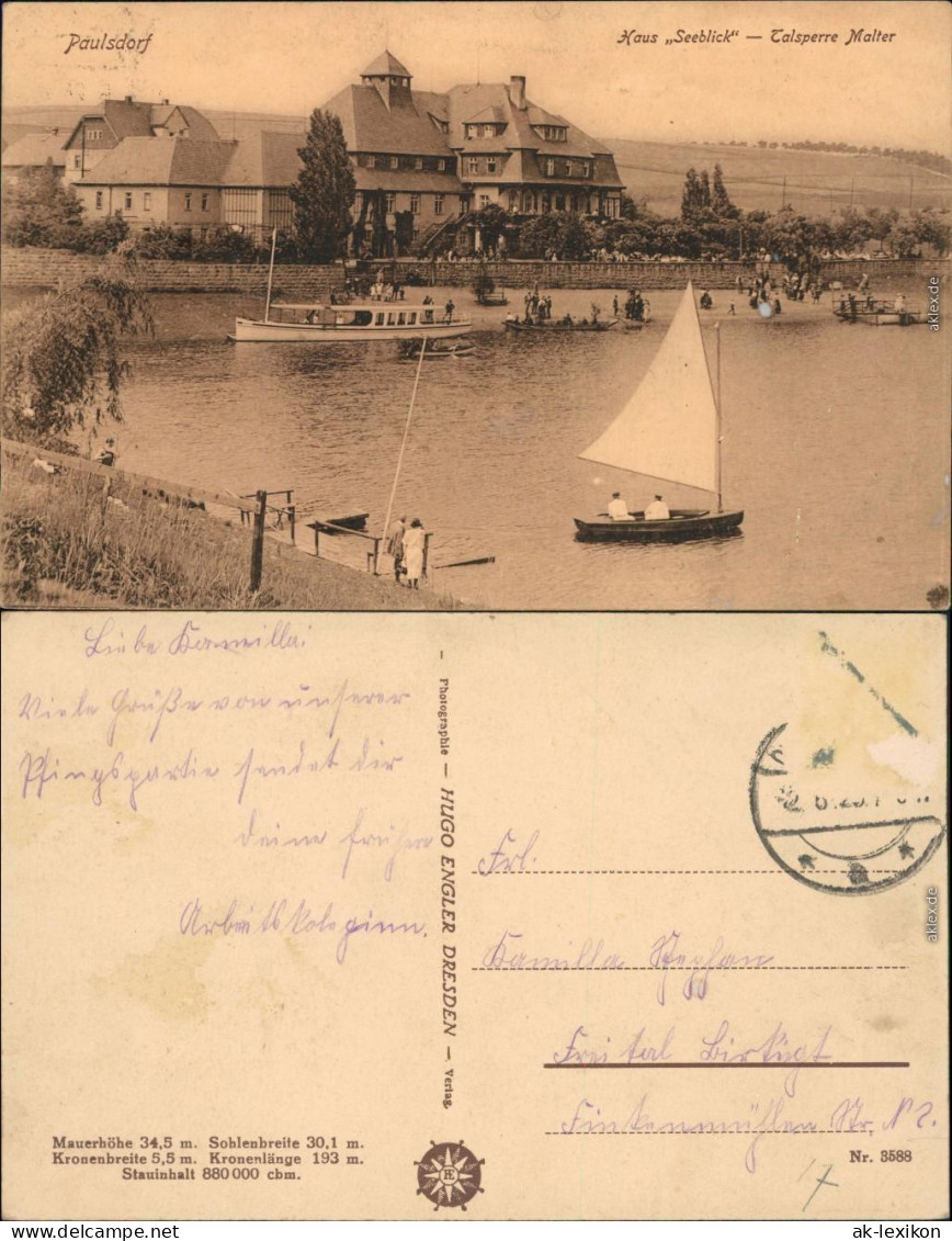 Paulsdorf-Dippoldiswalde Gasthof Seeblick Mit Segelboot Und Fähre 1922 - Dippoldiswalde