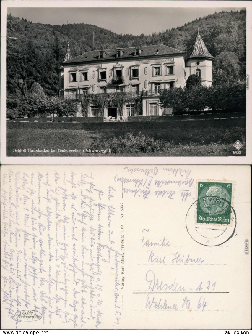 Ansichtskarte Badenweiler Hotel Schloss Hausbaden 1941 - Badenweiler