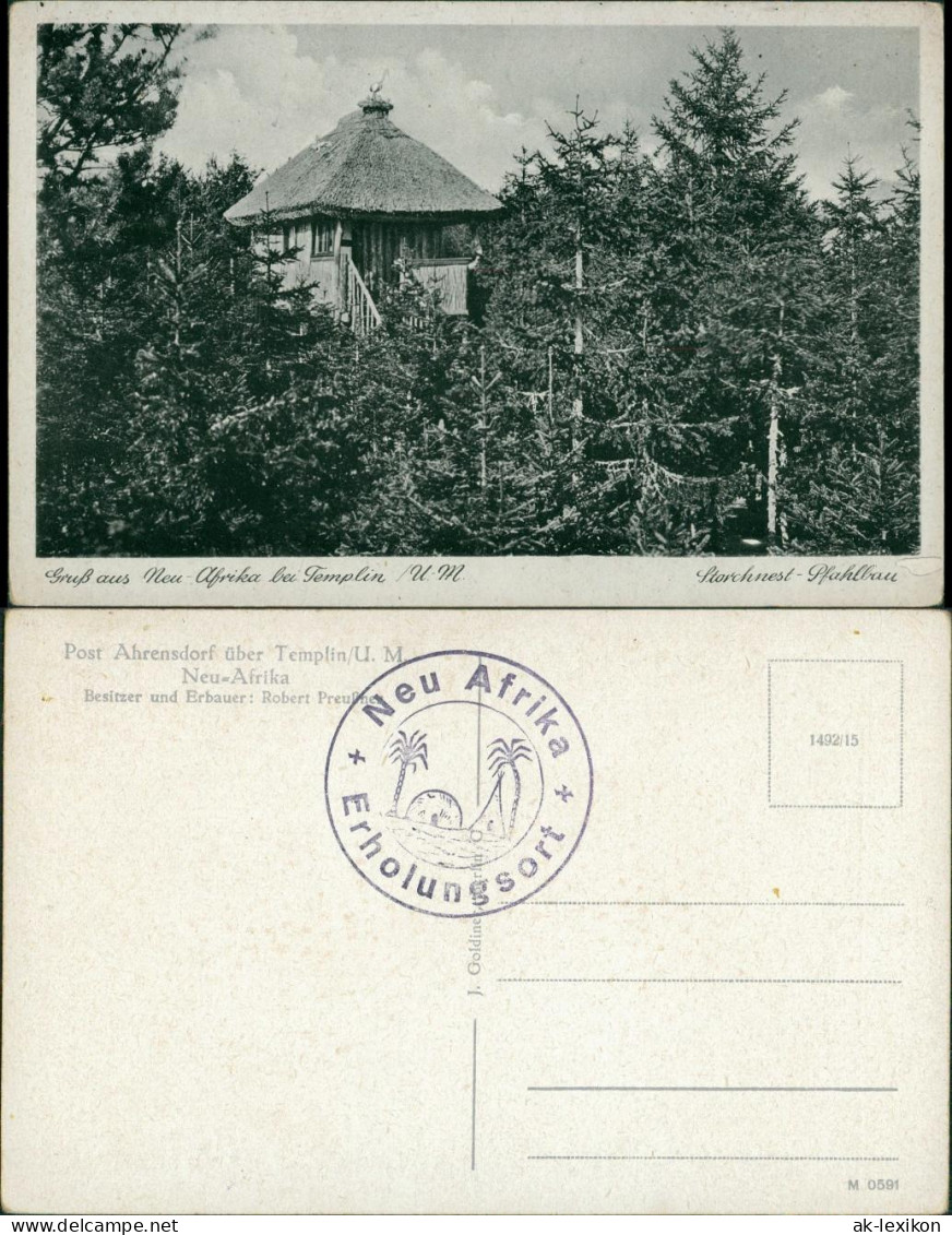 Ansichtskarte Ahrensdorf-Templin Neu Afrika Storchnest Pfahlbau 1932  - Templin