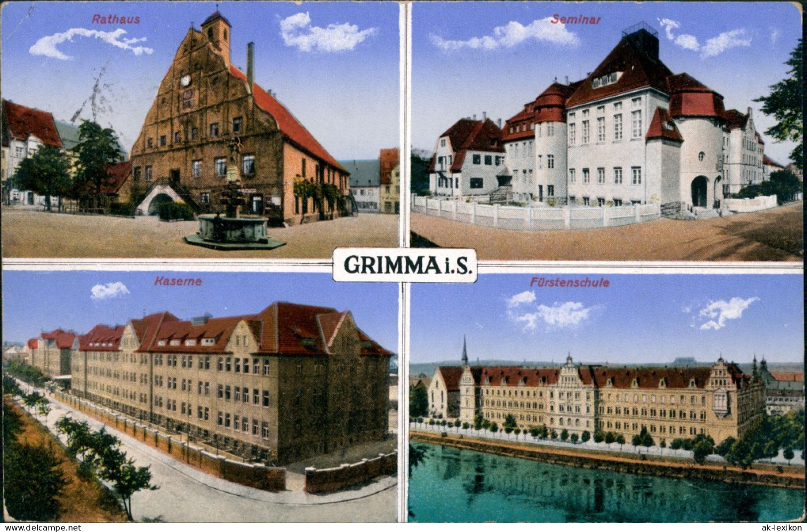 Ansichtskarte Grimma 4 Bild: Rathaus, Seminar, Kaserne 1917  - Grimma