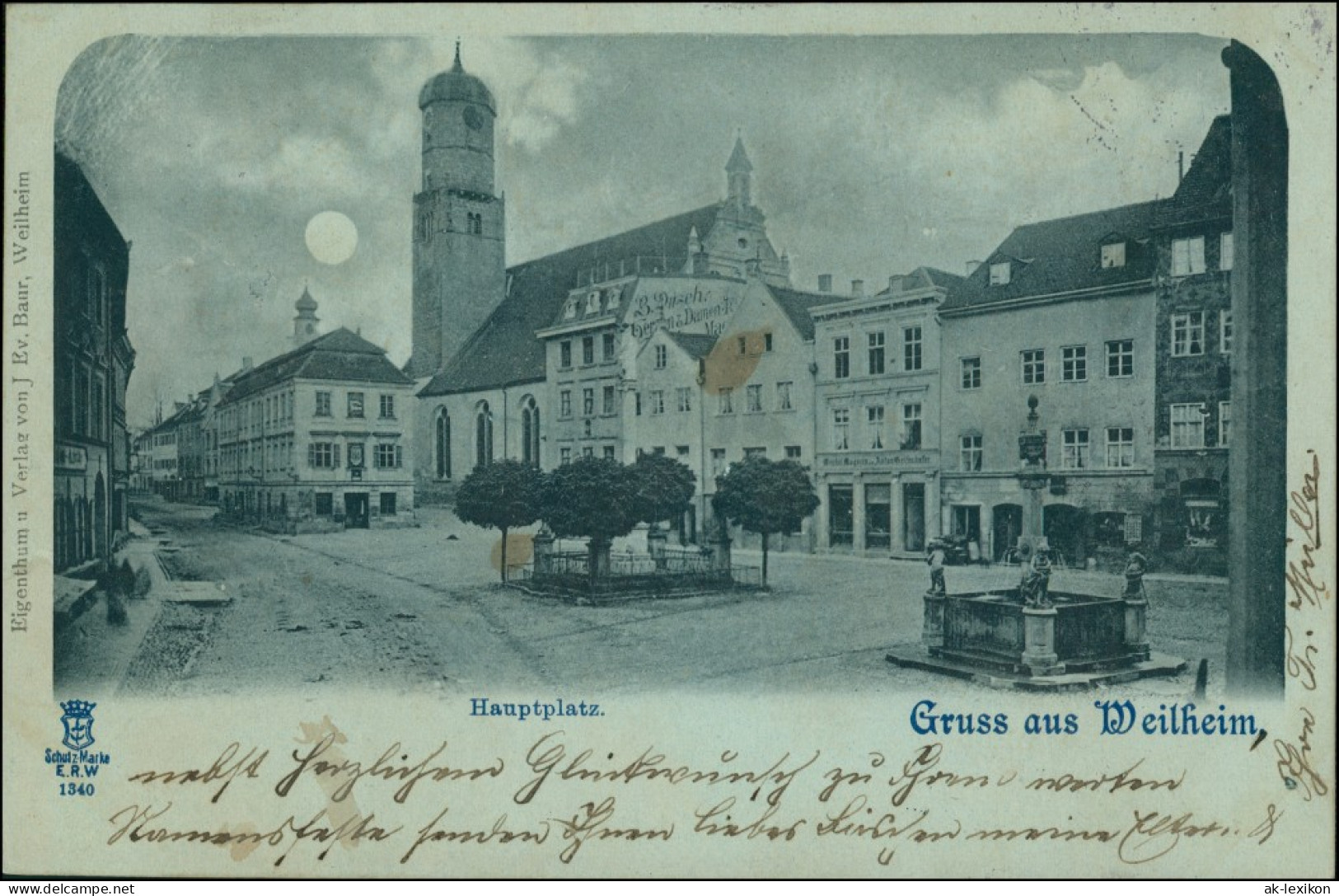 Ansichtskarte Weilheim (Oberbayern) Hauptplatz - Mondschein 1898 - Weilheim