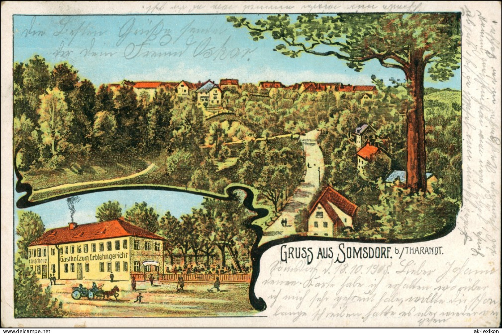 Ansichtskarte Somsdorf-Freital 2 Bild: Straße, Gasthaus 1908 - Freital